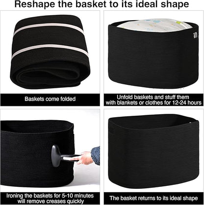 Large Black Blanket Basket, Storage Baskets for Blankets, Woven Baskets for Storage, Woven Cotton Rope Basket for Toys, Clothes, Shoes, Books, Black, 25”x16”x16” (105L)