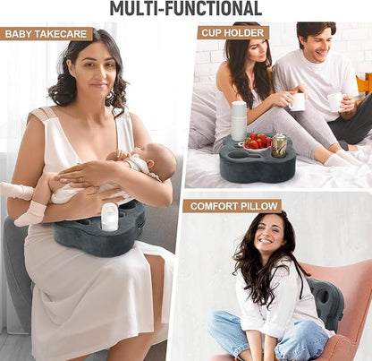 Couch Cup Holder | Sofa Cup Holder Pillow Drink Tray Organizer for Drinks, Remotes, Phones, Snacks (Grey, 12 * 12 * 3.7 Inch)