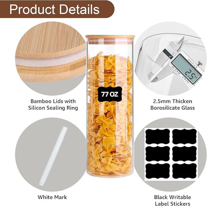 Glass Food Jars with Airtight Bamboo Lids, 77oz Round Glass Canister Set of 4, Pantry Organizers for Cookie Flour Oat Pasta Tea Coffee Bean