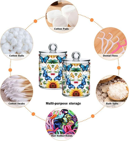 MNSRUU 4 Pack Qtip Holder Organizer Dispenser Sunflowers Peonies and Butterflies Bathroom Storage Canister Cotton Ball Holder Bathroom Containers for Cotton Swabs/Pads/Floss