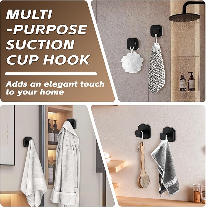 Supopular Heavy Duty Reusable Suction Cup Hooks for Kitchen/Bathroom/Shower - Wet-Proof Hooks for Towels, Robes, Loofah&Wreaths/No Drill Mounting on Glass, Tile, Metal (2, Matte Black)