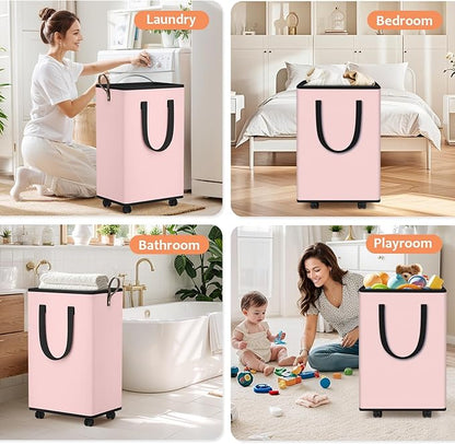 Laundry Basket with Wheels, Collapsible Laundry Baskets, Laundry Hamper with Handles Detachable Wheels, Rolling Laundry Basket, Dirty Clothes Hamper for Bathroom, Dorm, Bedroom, Pink, 80L