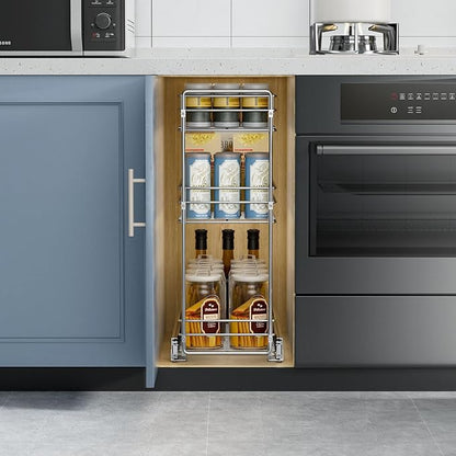 ROOMTEC Pull Out Spice Rack for Narrow Cabinet (5½" W X 20½" D),3 Tier Slide Out Cabinet Organizer and Pull Out Shelves Under Cabinet Storage for Kitchen, Chrome