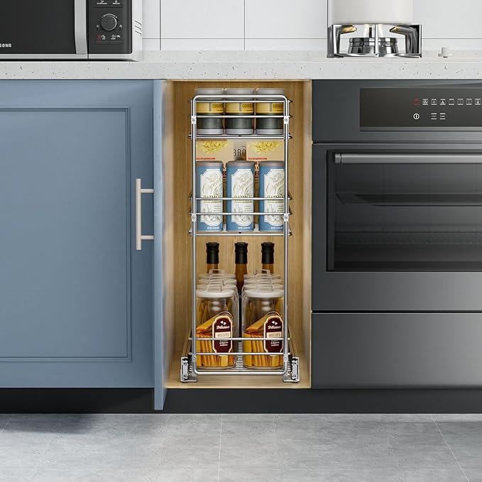 ROOMTEC Pull Out Spice Rack for Narrow Cabinet (8½" W X 20½" D),3 Tier Slide Out Cabinet Organizer and Pull Out Shelves Under Cabinet Storage for Kitchen, Chrome