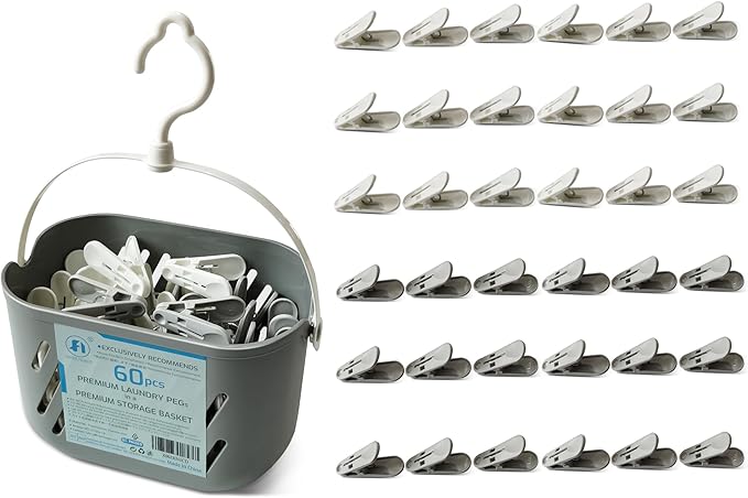 Premium Plastic Laundry Pegs, Pack of 60 with Basket, Windproof Clothes Pegs for Washing Line, Bag Sealing Clips