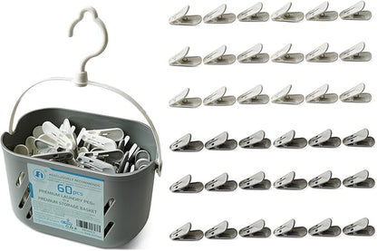 Premium Plastic Laundry Pegs, Pack of 60 with Basket, Windproof Clothes Pegs for Washing Line, Bag Sealing Clips