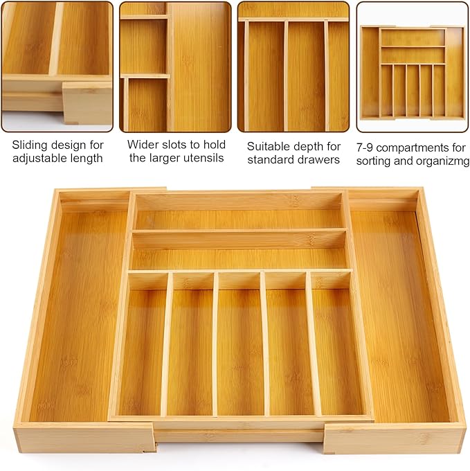 Bamboo Drawer Organizer, Expandable Flatware Cutlery Tray, 9 Slots Adjustable Kitchen Utensil Drawer Dividers Silverware Tray Holder for Spoons, Forks, Knives (Natural)