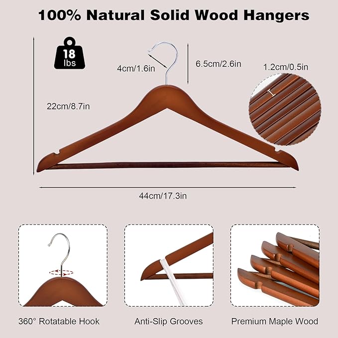 Hapmira Premium Wooden Hangers 10 Pack, Natural Solid Wood Hangers with Trouser Rods and Shoulder Notches, Space Saving for Suits, Shirts, Jackets, Dresses and Pants (10, Vintage)
