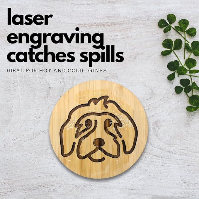 Set of 6 Bamboo Laser-Engraved Fun Dog Coasters with Iron Holder - Gift Packaging 3.9 Inch Non-Stick Absorbent Durable and Unbreakable Wooden Cup Coasters for Dog Lovers (Doodle)