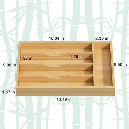 Bamboo Utensil Organizer for Kitchen Drawers, Utensil Tray and Cutlery Silverware Holder,Wood Drawer Dividers with 5 Slots，2 pack
