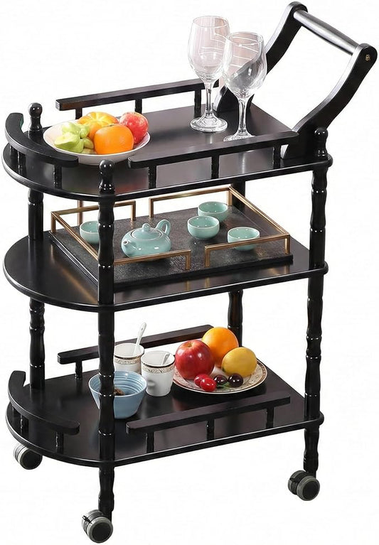 Entertainment Kitchen Cart, Midcentury Modern Imported rubberwood Black Finished Wood 3-Tier Mobile Bar Cart Serving Cart