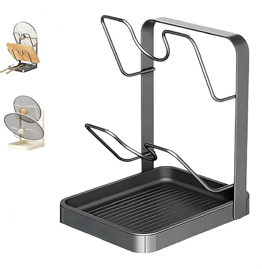 OZAMGSZWSY Kitchen Pot Lid Storage Rack, 304 Stainless Steel Pot Lid Holder While Cooking, Multifunctional Kitchen Pot Cover Organizer for Countertop, With Removable Drip Tray (Gray Double)