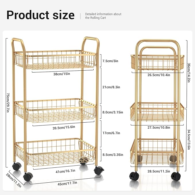 3 Tier Rolling Utility Cart, Storage Trolley Service Cart with Wheels Easy Assembly for Kitchen, Living Room, Office, Salon, Gold