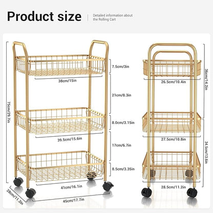3 Tier Rolling Utility Cart, Storage Trolley Service Cart with Wheels Easy Assembly for Kitchen, Living Room, Office, Salon, Gold