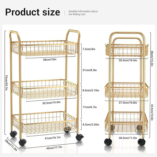 3 Tier Rolling Utility Cart, Storage Trolley Service Cart with Wheels Easy Assembly for Kitchen, Living Room, Office, Salon, Gold