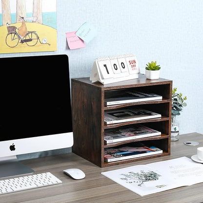 PAG Mail Sorter, Wood Countertop Literature Organizer, Office Supplies Desktop File Bill Paper Organizer for Home School, 4 Compartments, Antique Brown