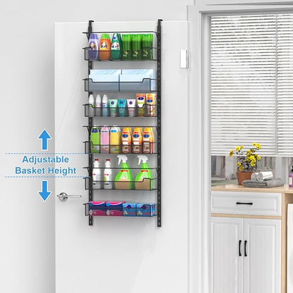 Over the Door Pantry Organizer, 6-Tier Over the Door Organizer with Adjustable Basket, Pantry Door Organization for Pantry Kitchen Storage Room Spice Rack, Black