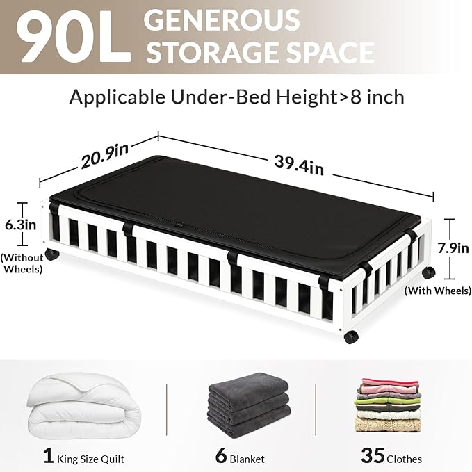 Gashell 2 Pack Bamboo Under Bed Storage with Wheels, 39”x20”x7.8” Lager Under Bed Storage Containers (White)