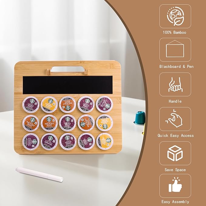 Coffee Pod Holder, K Cup Organizer Compatible with K Cups(35 Pods), Bamboo Coffee Pod Stands for Counter, Home or Office Kitchen Counter Organizer