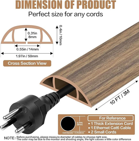 Floor Cord Cover Self Adhesive Cord Hider,10FT Cable Management, Extension Strip Protector for Wires, Prevent Cable Trips for Offices, Gyms, Exhibitions Cavity:0.47"(W) x0.35(H) Woodsmokedbrown