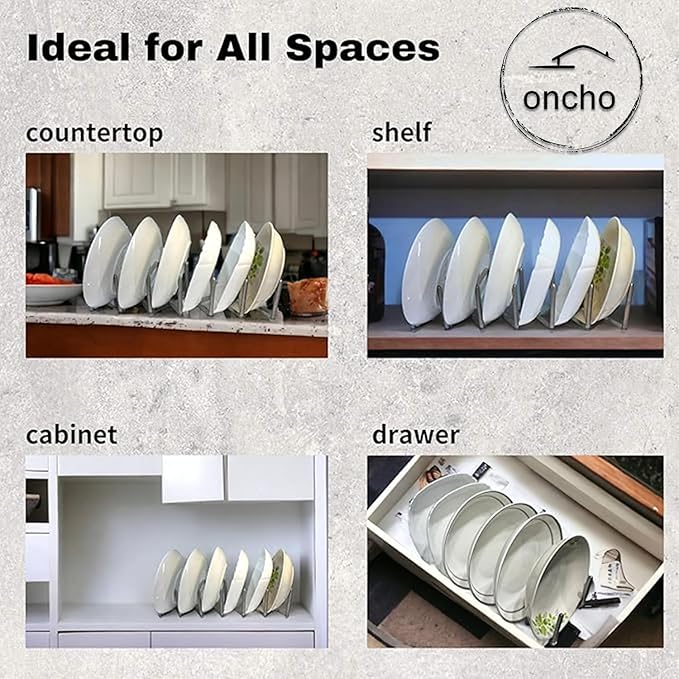 oncho Dish and Lid Drying Storage, Stainless Steel, 6 Adjustable Compartments for Kitchen Cabinets - Expandable, Adjustable and Minimalist Design (14.5x10 cm, Silver)