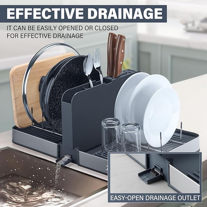 Stelive Foldable Dish Drainer Rack with Removable Cutlery Holder Stainless-Steel Dish Drying Rack with Dual Parts, Space-Saving Dish Rack, Rustproof Utensil Drainer for Kitchen Counter, Gray/Steel
