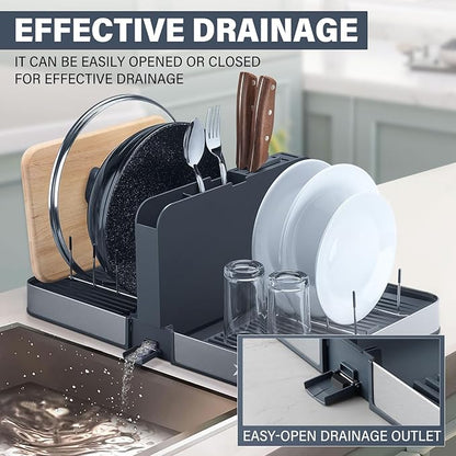 Stelive Foldable Dish Drainer Rack with Removable Cutlery Holder Stainless-Steel Dish Drying Rack with Dual Parts, Space-Saving Dish Rack, Rustproof Utensil Drainer for Kitchen Counter, Gray/Steel