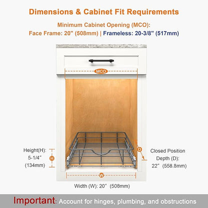 ALINE FURNITURE Pull Out Shelves - 20" W x 22" D Soft Close Pull Out Cabinet Organizer 1 Tier - Slide Out Drawers with Shelf Liner, Heavy Duty Steel Wire Baskets for Kitchen Cabinets, Pantry, Bathroom