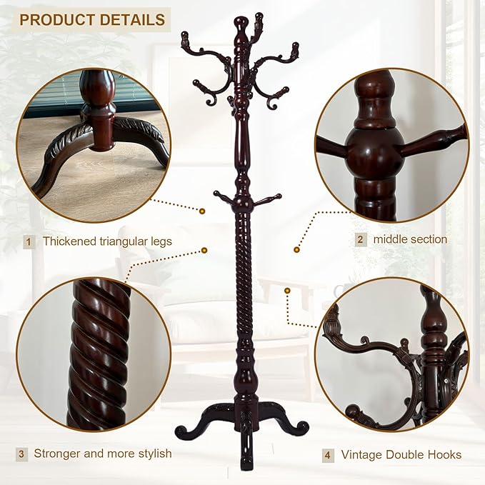 Coat Rack Freestanding with 18 Hooks, Wooden Standing Coat Racks for Entryway, Solid Wood Clothes Hanger Rack with Sturdy Round Base for Entryway, Hall, Bedroom, Office, Hallway (Triangular base)