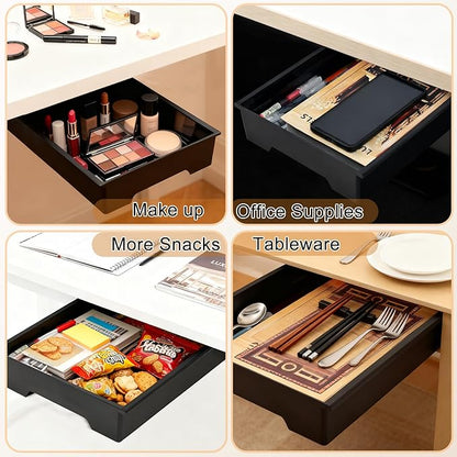 2 Pair Under Desk Drawer Organizer, Attachable Slide Out Storage Drawers, Hidden Desktop Organizers, Self-Adhesive Table Storage Accessories for Home Office and School