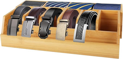 Niciksty Adjustable Wood Belt Organizer, 10 Compartments Belt Rack and Tie Storage Holder for Closet and Drawer, Belt Holder Organizer and Displayer, Tie Holder Storage for Men Women, Wood Color