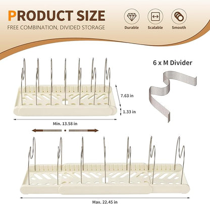 YLMIJFE Stainless Steel Adjustable Dividers Pot and Pan Organizer Rack, Expandable 12'-23.2' Wide, White, 7 Shelves, Kitchen Cabinet Organizer
