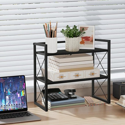 YINMIT Desktop Shelf Organizer, 2 Tier Office Shelves, Wood Desk Organizer Storage Rack and Freestanding Display Shelf for Office, Dormitory, Home(Black)