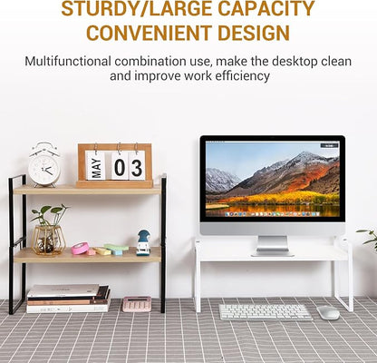 Desk Shelf Organizer for Top of Desk, Detachable 2 Tier Desktop Bookshelf, Wooden Desk Shelves Storage Rack, Small Desktop Shelf for Office Home Dorm, Tabletop Desk Organizer Stand (White+White)
