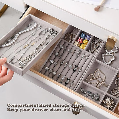 SPAKOWN Jewelry Drawer Organizer Inserts Set of 8, Small Stackable Jewelry Tray with Removable Dividers for Earrings Necklaces Rings Bracelets (Grey)