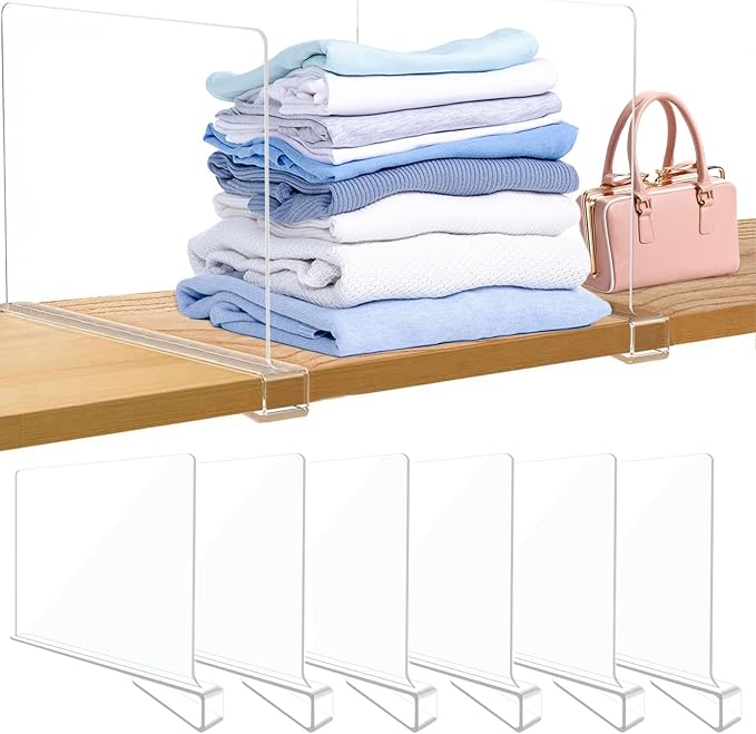 Acrylic Closet Shelf Dividers, Heavy Duty Organizer for Clothes, Handbags, Sweaters & Towels - Transparent Storage Solution for Kitchen Cabinets, Wardrobes & Home Shelving (6Pack)