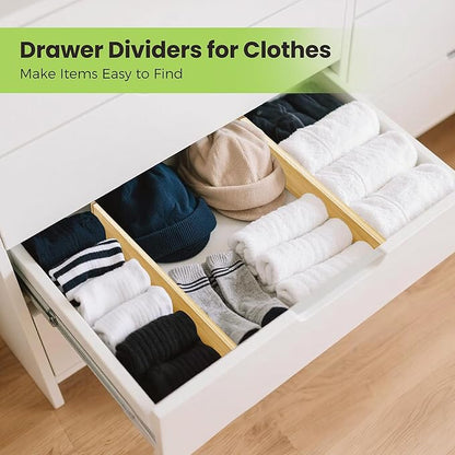 Drawer Divider, Adjustable Bamboo Kitchen Drawer Organizer, Spring Loaded Drawer Organizer, Dresser Separators for Kitchen, Bathroom, Clothes, Office Desk Storage (Natural, 4 Pack Large)