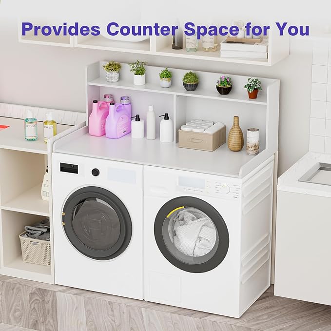 Washer Dryer Countertop with 2 Tier Shelf, 27.5" W × 54" L Laundry Wood Countertop with Edge Rails for Laundry Room Organization and Storage (White)