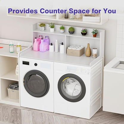 Washer Dryer Countertop with 2 Tier Shelf, 27.5" W × 54" L Laundry Wood Countertop with Edge Rails for Laundry Room Organization and Storage (White)