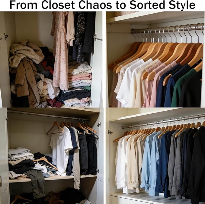 Natural Wooden Coat Hangers, Durability Wood Suit Hangers with Non Slip Pant Bar, Solid Wooden Clothes Hangers with Wide Shoulder Design for Shirts, Jackets, Dress, Pants, Sweaters, 30 Pack