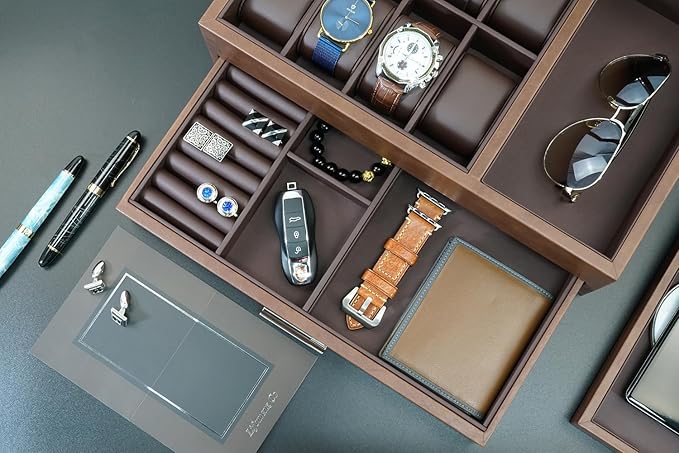 Lifomenz Co Mens Jewelry Box Valet Tray with Drawer and Charging Station Organizer -Brown