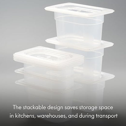 CURTA 6-Pack 1/9 Size 4" Deep Food Pan with Handled Lid – NSF Listed Commercial-Grade Translucent Polypropylene, Stackable Freezer-safe Storage for Restaurants, Catering & Buffets