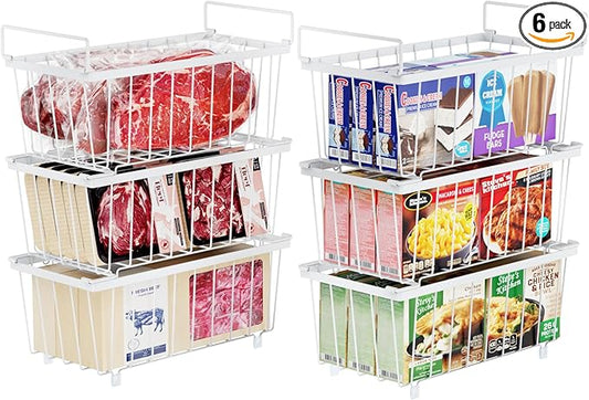 iSPECLE Freezer Organizer Bins - 6 Pack Small Stackable Deep Freezer Organizer Bins for 7 Cu.Ft Freezers Easy Get Bottom Foods without Digging, Chest Freezer Organizer Prevent Frozen Food Waste, White