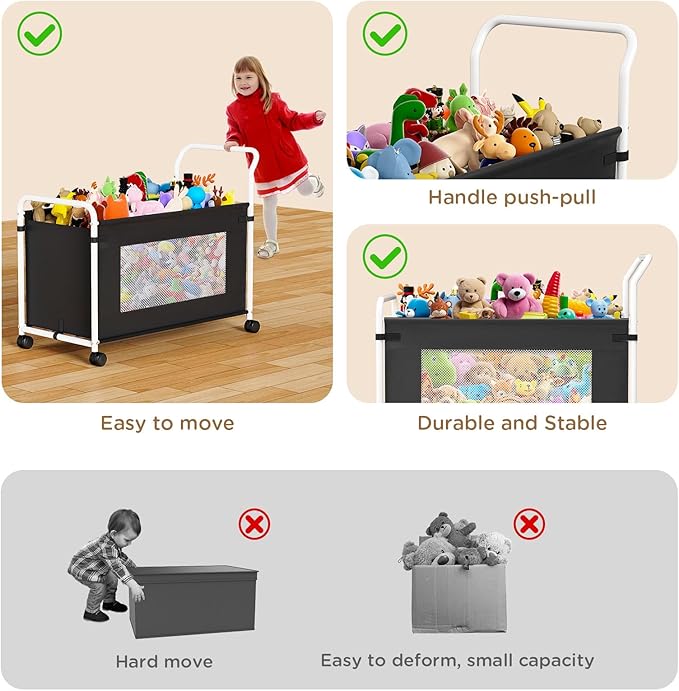 KEEGH Extra Large Toy Box for Kids with 360° Rotating Wheels, Heavy Duty Toy Chest for Boys and Girls, Toy Storage Organizer for Kids, Toy Bins for Living Room, Nursery, Bedroom(Black)