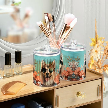 MNSRUU 2 Pack Qtip Holder Organizer Dispenser Cute Dog Siberian Husky Pink Bathroom Storage Canister Cotton Ball Holder Bathroom Containers for Cotton Swabs/Pads/Floss