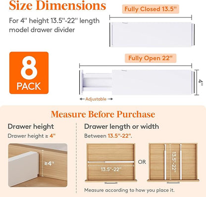 Lifewit 8 Pack Drawer Dividers Plastic 4" High, 13.5-22" Adjustable Drawer Organizers for Clothes, Expandable Dresser Separators in Bedroom/Bathroom/Kitchen/Fridge/Office Organization and Storage