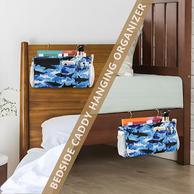 CuwrYet Bedside Caddy Hanging Bunk Bed Caddy Bed Organizer Hanging Pocket with 2 Hooks Bedside Storage Organizer Pocket Bag Holder Marine Bright Sky Blue Shark