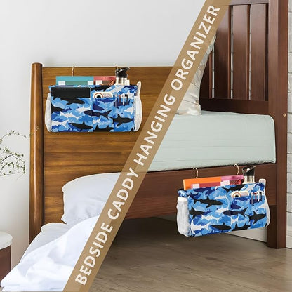 CuwrYet Bedside Caddy Hanging Bunk Bed Caddy Bed Organizer Hanging Pocket with 2 Hooks Bedside Storage Organizer Pocket Bag Holder Marine Bright Sky Blue Shark