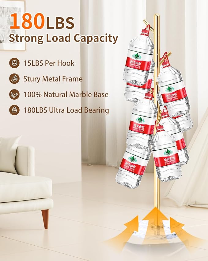 Modern Coat Rack Stand, Metal Freestanding Coat Rack with Natural Marble Base, Golden Coat Racks with 8 Hooks and Coat Hanger Tree Jacket Stand for Office, Entryway, Hallway