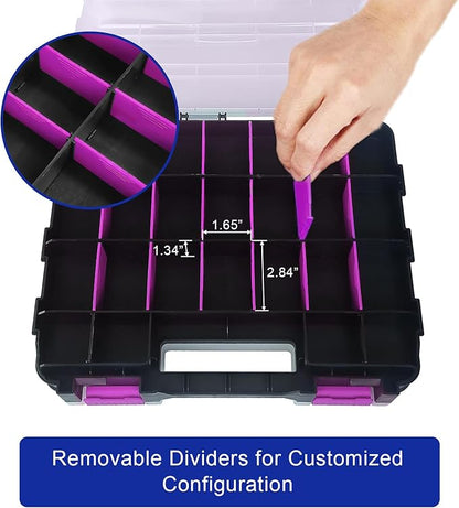 Tools Organizer Box Small Parts Storage Box 50-Compartment Double Side Hardware Organizers with Removable Plastic Dividers for Screws, Nuts, Nails, Bolts, Purple
